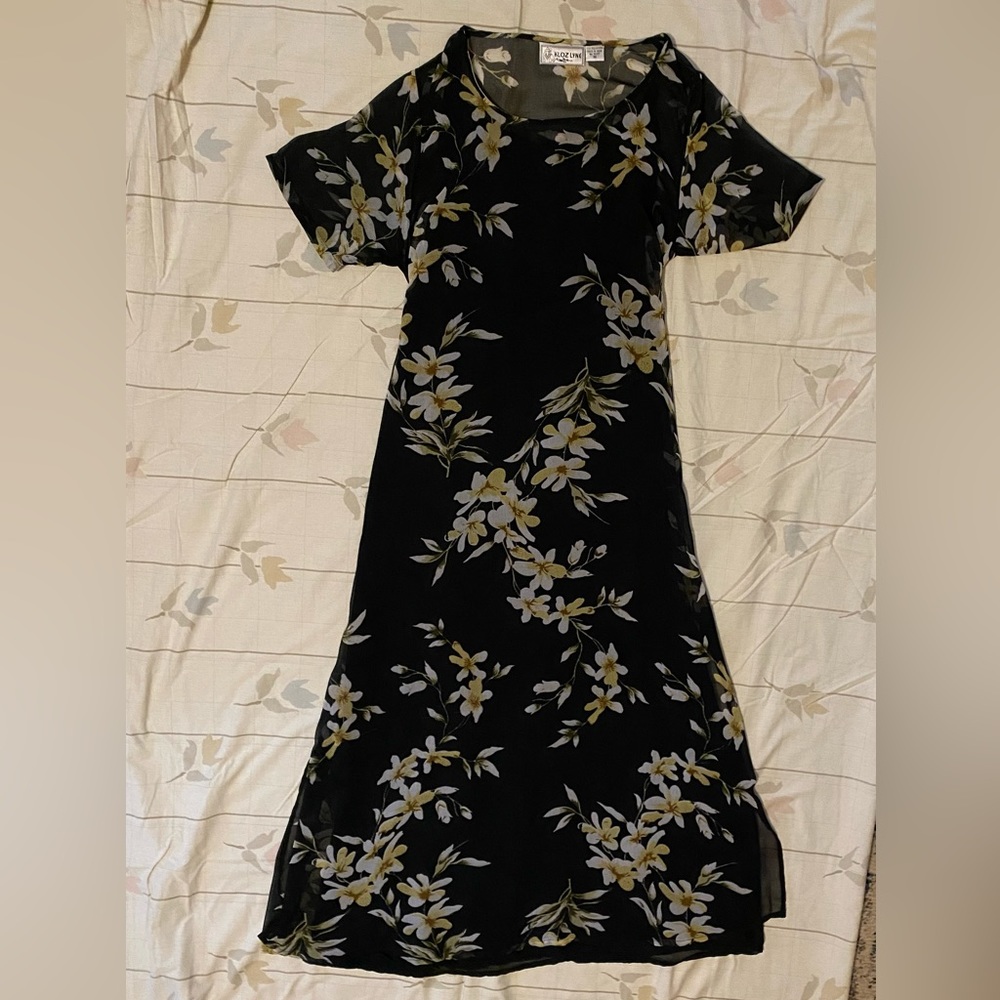 Maxi dress, black with flowers, medium, 100% polyester.